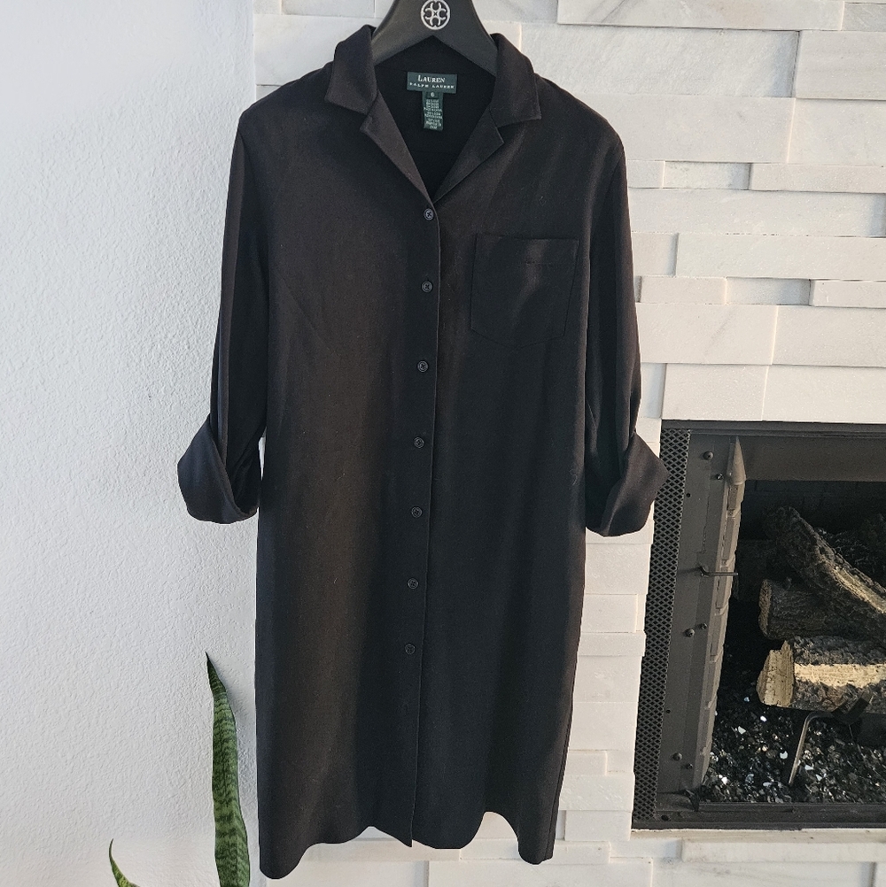 Lauren Ralph Lauren 100% Silk Black Shirt Dress Size 6 Button Front Midi
